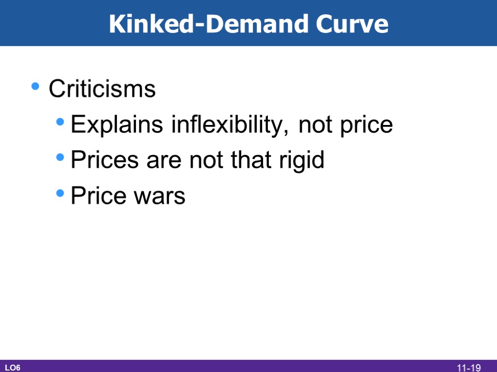 Kinked-Demand Curve Criticisms Explains inflexibility, not price Prices are not that rigid Price wars